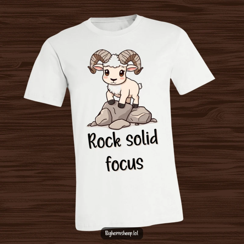 Funny T-Shirt: Bighorn sheep with a determined expression, attempting to balance a precarious stack of rocks.