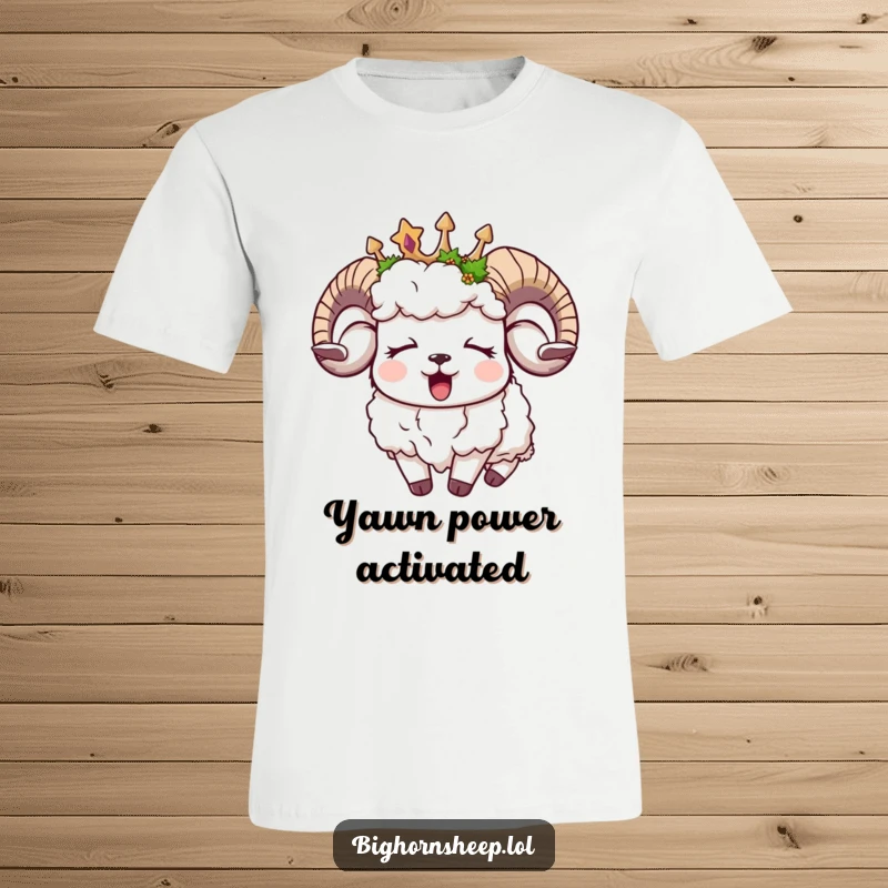 Funny sleepy bighorn sheep t-shirt, yawning peacefully in a moss-adorned crown, promoting relaxation and humor.