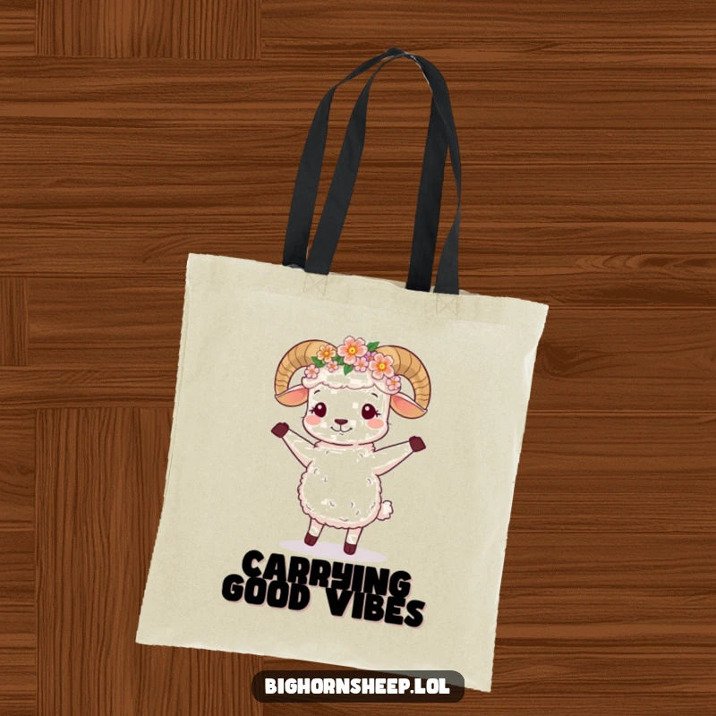 Funny Tote Bag: Cute bighorn sheep wearing a flower crown, happily dancing.