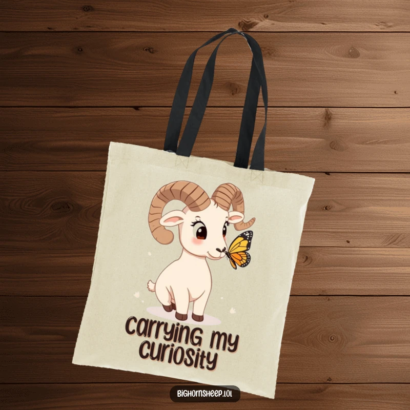 Funny bighorn sheep tote bag, head tilted quizzically at a butterfly, a stylish and hilarious accessory for everyday wonder.