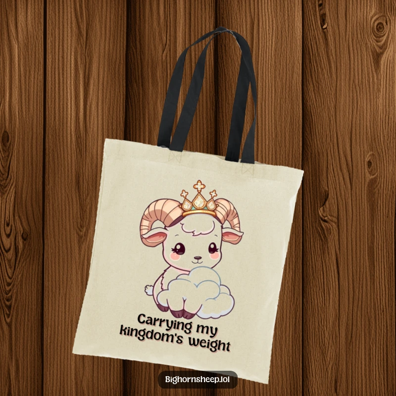 Funny bighorn sheep tote bag featuring a regal sheep with a tiara, humorously headbutting a cloud, practical and amusing accessory.
