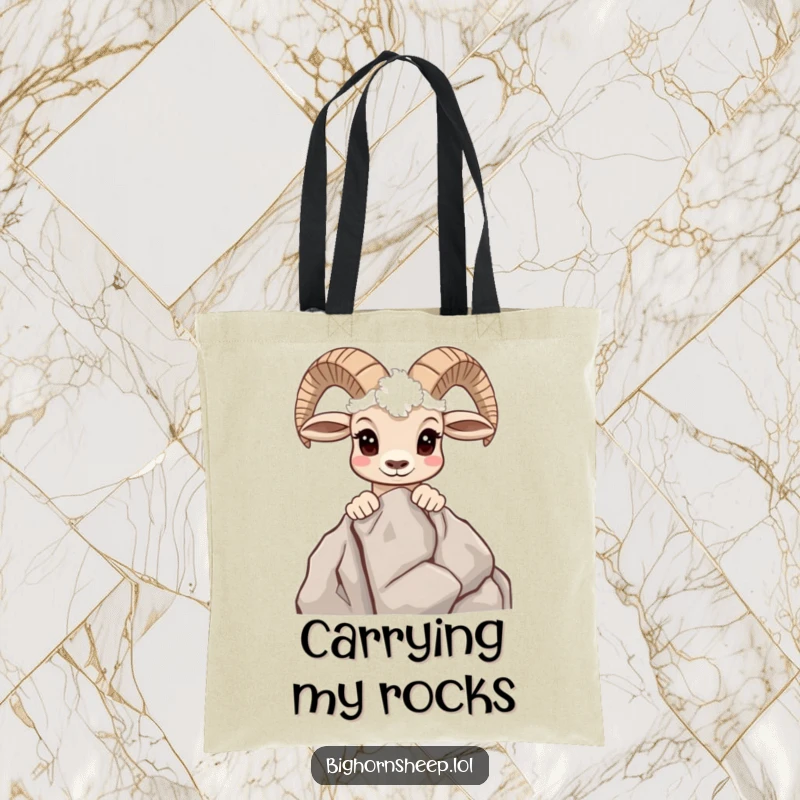 Funny tote bag showcasing a curious bighorn sheep peeking over a rocky outcrop, designed for the inquisitive.