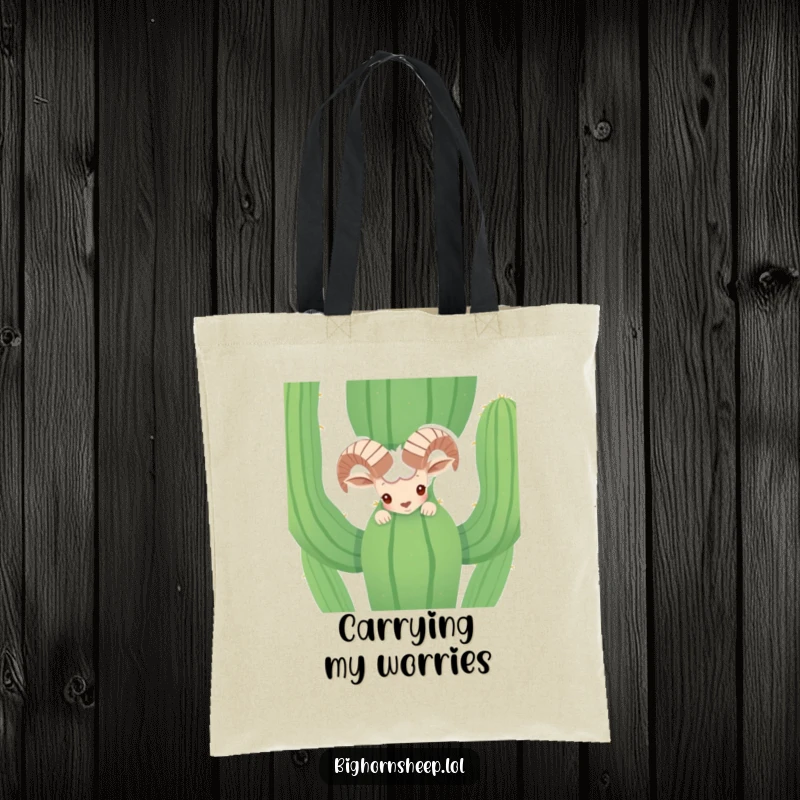 Funny shy bighorn sheep peeking from behind a cactus on a durable tote bag. A humorous desert animal illustration.