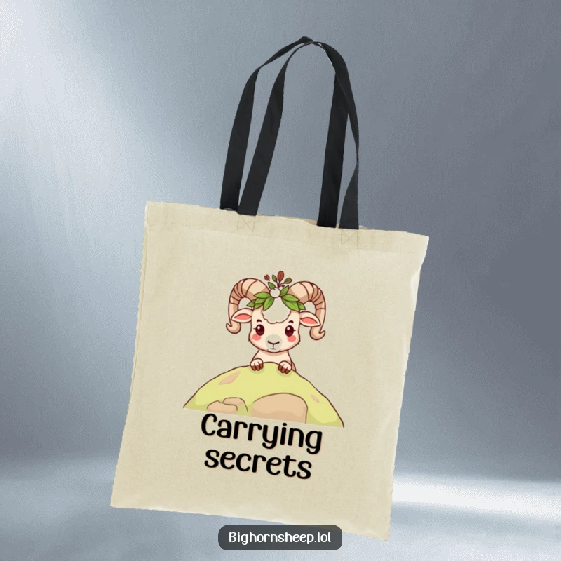 Funny mischievous bighorn sheep tote bag, peeking over a ridge with a leafy crown, carrying essentials with playful flair.
