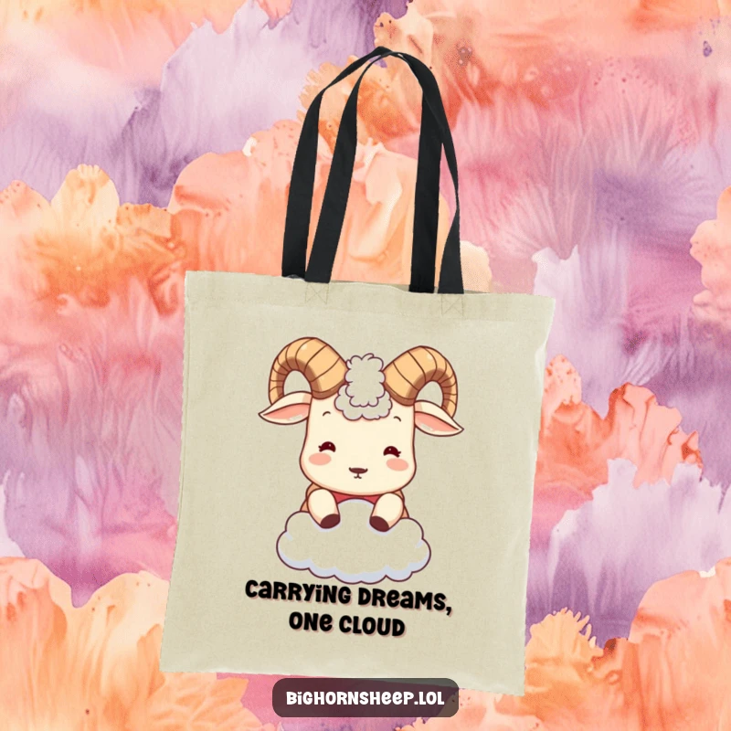 Funny Bighorn Sheep Tote Bag: A cute sheep with small horns headbutting a cloud, showcasing a lighthearted and funny design.