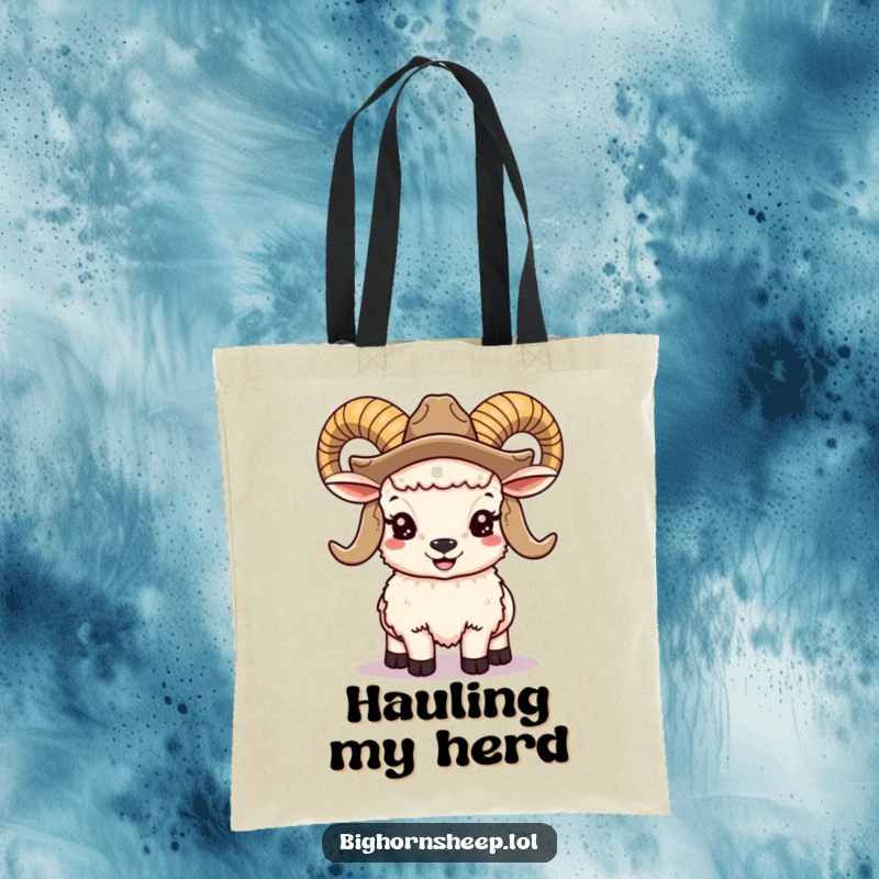 Funny bighorn sheep tote bag with a smiling ram, large horns, and a cowboy hat, a stylish and humorous accessory.