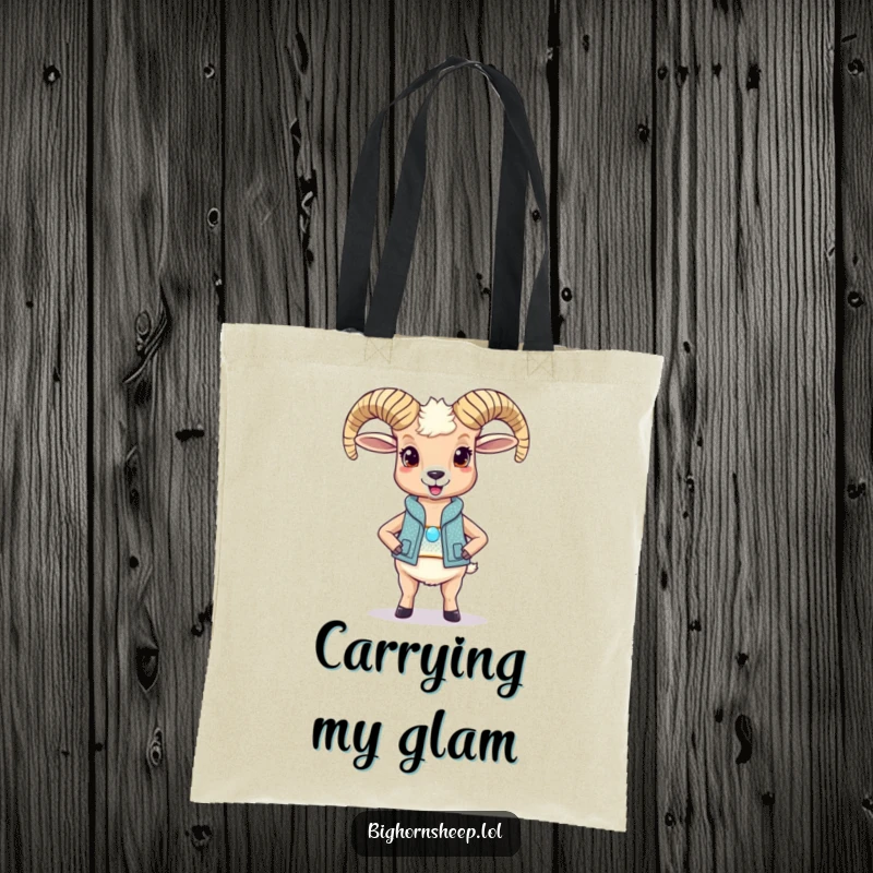 Funny bighorn sheep tote bag, delighted sheep in a sparkly vest, a stylish and humorous accessory.