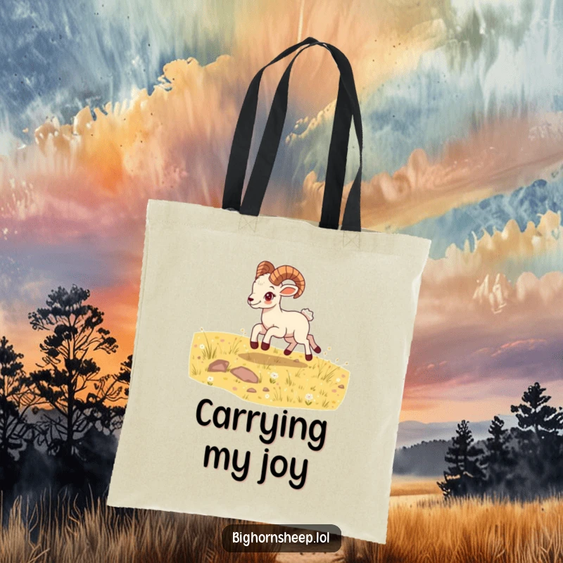 Funny bighorn sheep cub tote bag, bounding energetically across a sunny meadow, showcasing a hilarious and vibrant design.