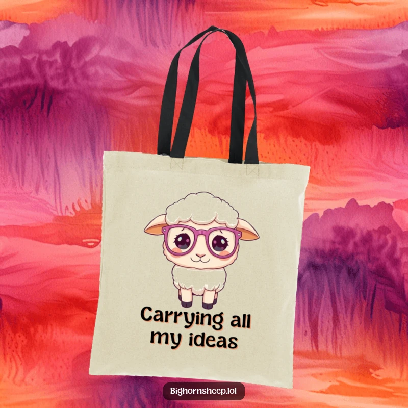 Funny Tote Bag: Sheep with oversized, sparkly glasses, wearing a playfully confused expression.