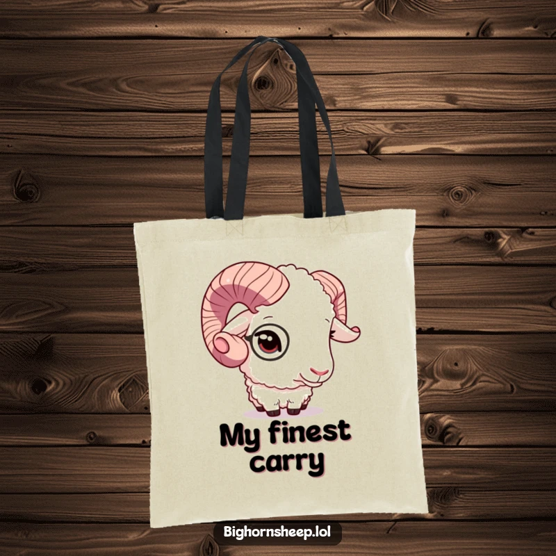 Funny bighorn sheep winking and adjusting its monocle on a chic tote bag, adding a touch of class.