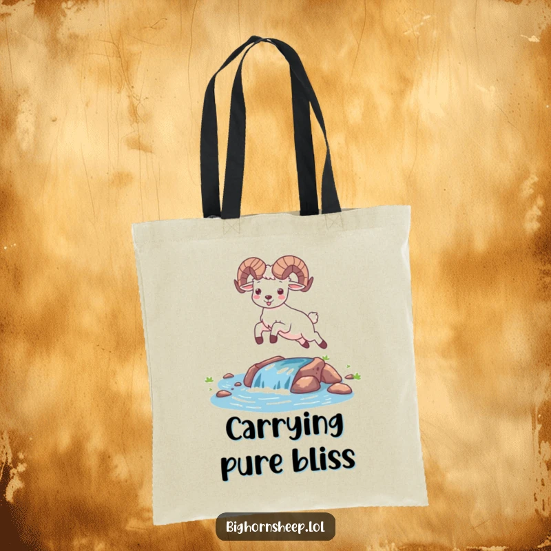 Funny happy bighorn sheep leaping over a stream on a durable tote bag. Joyful desert animal illustration for everyday use.