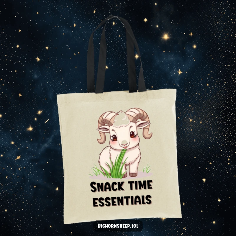 Funny happy bighorn sheep tote bag, showing the sheep contentedly chewing grass, perfect for carrying daily essentials.