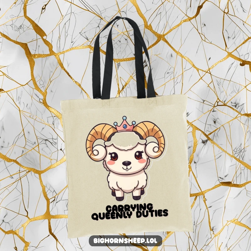 Funny tote bag featuring a bighorn sheep character wearing a small crown and sporting a gentle, knowing smile.