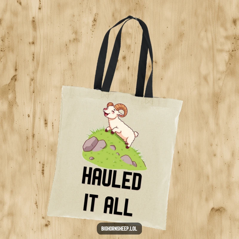 Funny bighorn sheep joyfully sliding down a hill on a tote bag, ready for adventure.
