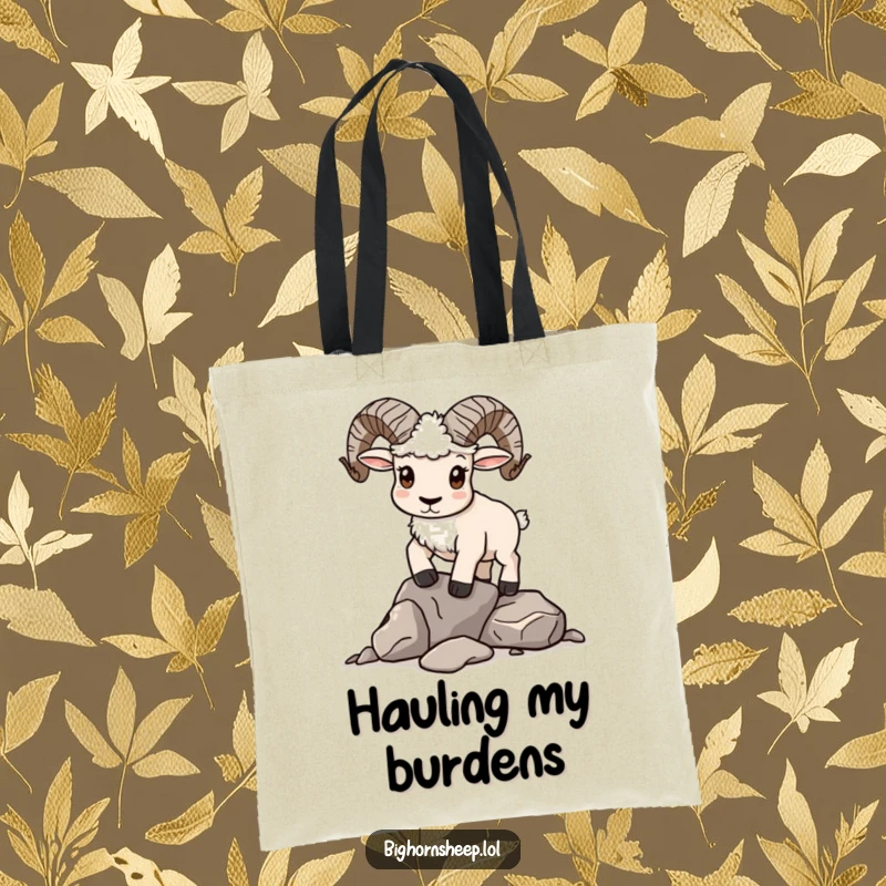 Funny Tote Bag: Bighorn sheep with a determined expression, attempting to balance rocks.