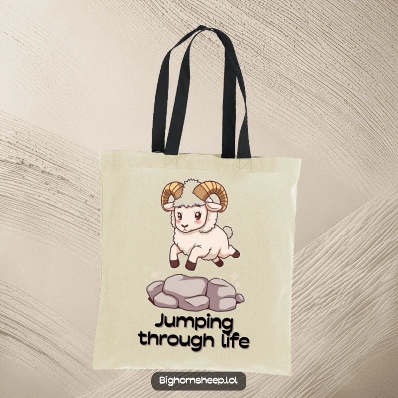 Funny bighorn sheep with a fuzzy cape, leaping dynamically over a small gap, perfect for a funny gift tote.
