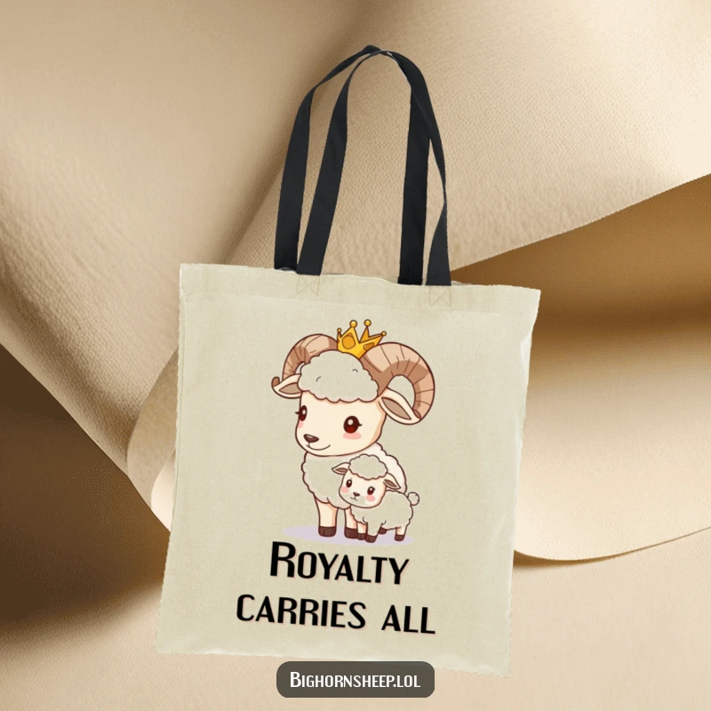 Funny bighorn sheep wearing a crown, gently nudging a smaller sheep, on a stylish and humorous tote bag.
